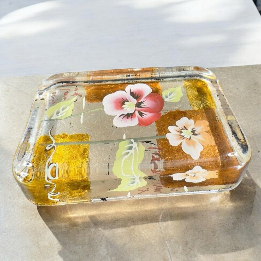 Papyrus Art Glass Paperweight Flower Design Rectangular Glass Figurine Decor VTG